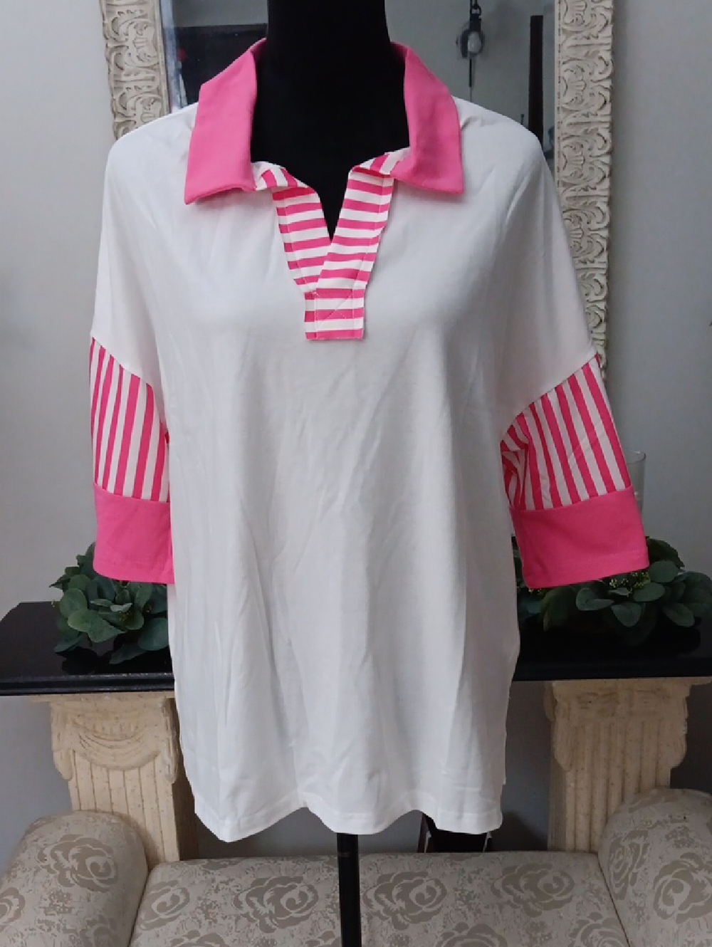 Relaxed White Tunic with Pink Collar & Stripe Accents